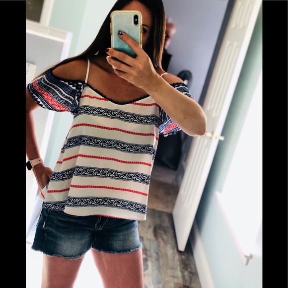 Red, white and blue off the should top. - Picture 2 of 7